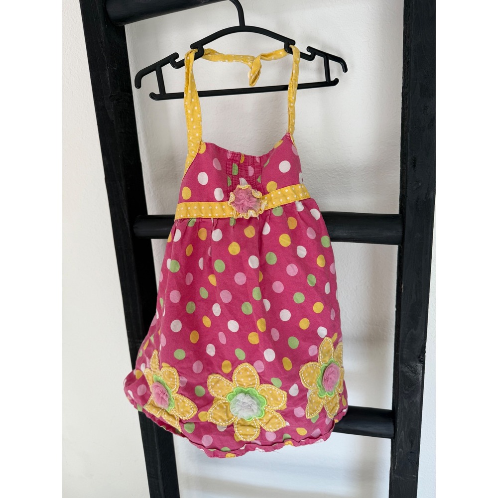 Younghearts Kids Pink Polka Dot Flower Applique Halter Dress‎ Size 3T